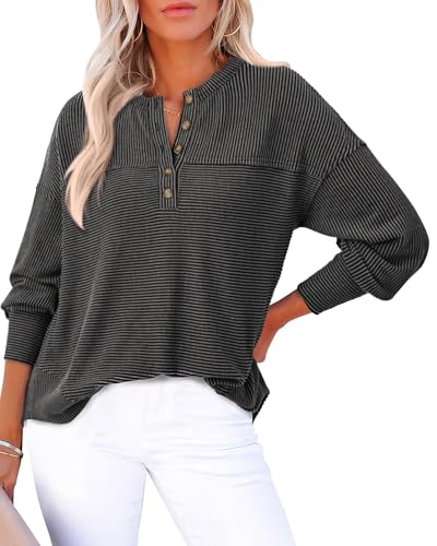 KIRUNDO Going Out Tops for Women Henley Shirts 2025 Casual Ribbed Knit Long Sleeve Tunic Summer Fall Button V Neck Blouse(Black, Small)