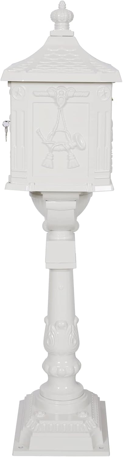 Cast Aluminum Mailbox, Post Mounted, Bronze Finish, 45.5 x 16.5 x 11.5 Inches, Locking Door with Keys, Rust-Proof (White)