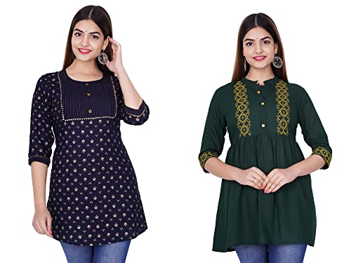 Image of Shiva Fab Short Kurti for Women | Embroidered Straight Rayon Kurta | Round Neck Full Sleeves Short Kurti for Women's