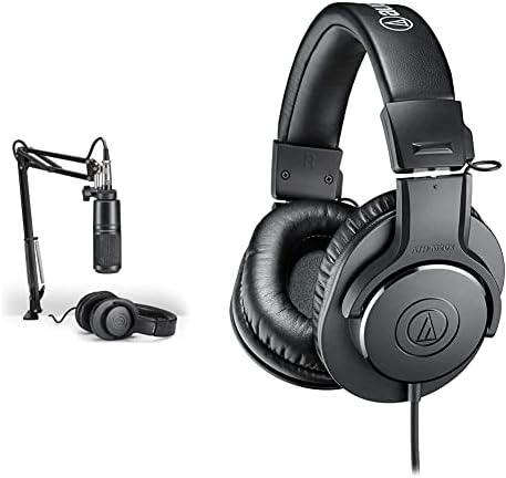 Audio-Technica AT2020PK Vocal Microphone Pack for Streaming/Podcasting, Includes XLR Cardioid Condenser Mic, Adjustable Boom Arm & ATH-M20X Professional Studio Monitor Headphones, Black