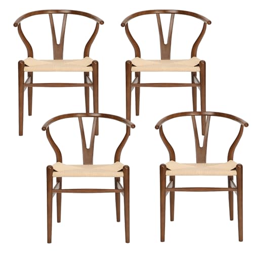 VODUR Wishbone Chair Natural Solid Wood Dining Chair/Hans Vegner Y Chair Rattan and Wood Accent Armrest Chairs Set of 4 (Ash Wood - Walnut)