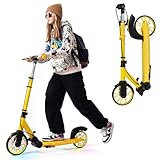 COSTWAY Folding Kick Scooter, 2 Flash Wheels Scooter with 3-Level Adjustable Handlebar and Rear Foot Brake, Lightweight Aluminum Sports Scooters for Kids Teens Adults (Yellow, 17 cm)