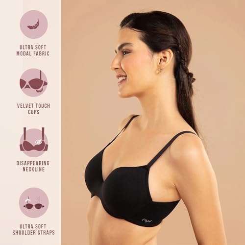 Image of NYKD NYB218 Modal Fabric Lightly Padded Wired T-Shirt Bra for Women Seamless Neckline Non Slip Shoulder Straps