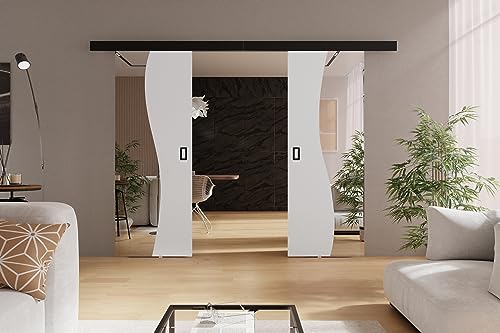 KIER FURNITURE Doppelwandige Schiebetüren mit Spiegeln FALA DUO – Schiebetür Komplettset Schiene Komplettset Mit Tür – Zimmertüren Mit Zarge Komplett - B152xH205xT1,6 cm - Weiß