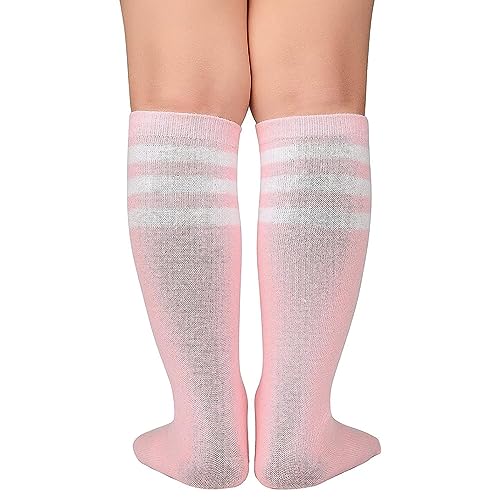 Kniestrümpfe Kinder Baumwolle Pink Weißer Streifen, 1 Paar Sportsocken für Jungen Mädchen 3-6 Jahre, Klassische Zwei-Streifen Lange Socken für Schule Cheerleading Cosplay Alltag und Leichtathletik