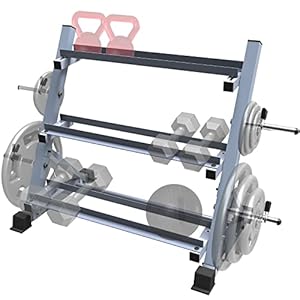 Balelinko 3-Tier 38” Width Dumbbell Barbell Weight Rack, 1300 lbs Weight Capacity Storage Stand with Reinforced Tube for Home Gym, Bonus 4 Barbell Holders and 4 Pcs 1″ Spring Lock Collars,Gray