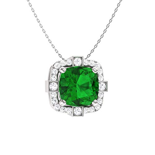 Diamondere Natural and Certified Cushion Cut Emerald and Diamond Flower Necklace in 9ct White Gold | 1.16 Carat Pendant with Chain