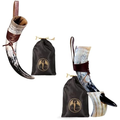 Viking Drinking Horn - with Leather Holster+ Viking Drinking Horn - with Viking Compass Engraved, Stand and Leather Holster | 100% Authentic Handmade Beer Cups | Food Grade | Genuine Ox Horn | Natural Cover