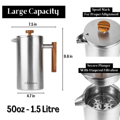 Kitchsavvy Large Stainless Steel French Press Coffee Maker : 50Oz 1.5L Double Wall Insulated French Press : Premium Grade Travel French Coffee Press : 4 Layered Filtration System Coffee Press #TOP2