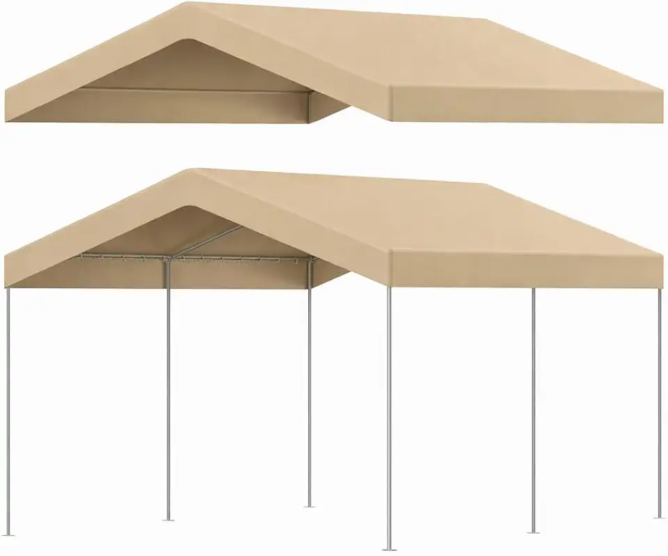 Capa de substituição de dossel de 3 x 6 m para garagem, resistente à prova d'água e proteção UV, capa de lona de barraca de carro resistente a rasgos com elásticos esféricos (apenas capa) bege