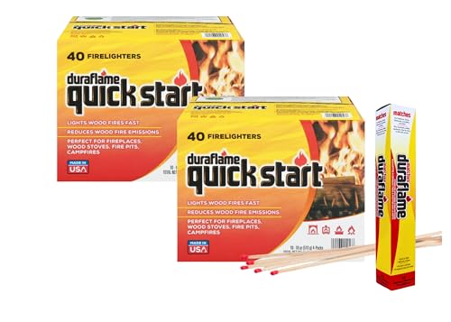 Duraflame - Duraflame Quick Start Firelighters 80 Pack + Long Strike Matches – Fast, Clean-Burning Fire Starters for Fireplaces & Campfires (2 Pack + Matches)