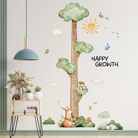 DRWSSR 3D Cartoon Height Growth Chart for Kids Wall Stickers Removable DIY Jungle Animals and Plants Height Sticker Peel and Stick Sun White Clouds Wall Art Decor for Nursery Kids Bedroom Living Room Cover