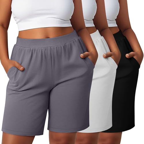 Sweetyweee 3 Pack Women's Plus Size Bermuda Shorts, High Waisted Elastic Bermuda Active Summer Shorts with Pockets(Black, Gray, White,3X-Large)