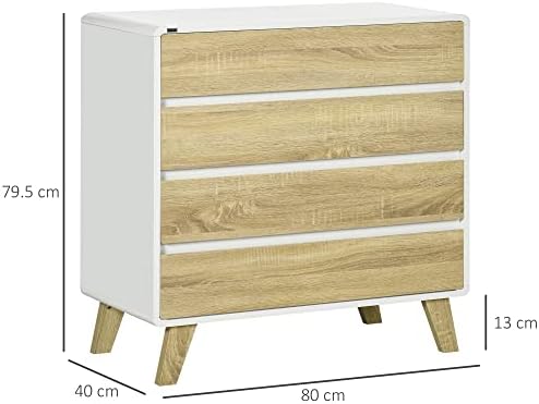 HOMCOM Chest of Drawers, 4-Drawer Storage Cabinet Organiser with Legs for Bedroom, Living Room, White and Natural