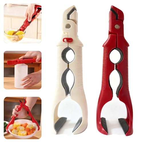 2 Pcs 3-in-1 Anti-Scald Hot Plate Gripper & Bottle Opener with Lock, Multi-Angle Hot Bowl & Plate Holder Clips, Non-Slip Heat-Resistant Silicone Dish Clamp for Steamer, Oven, Microwave, Red and White by Generic - Used condition - US$7.02