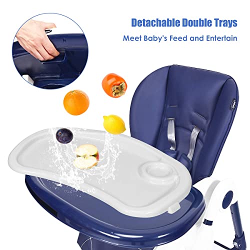 Image of INFANS High Chair with One-Hand Removable Tray, 4 Lockable Wheels & Large Storage Basket - Multi-Adjustable Height, Recline & Footrest, Removable Cushion, Foldable for Baby, Infant& Toddler (Navy)