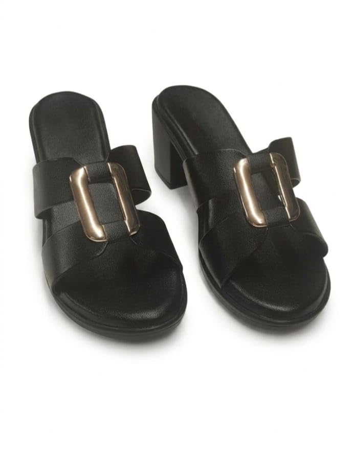 Women's Black Block Heel Slide Sandals with Metallic Buckle-picture-33