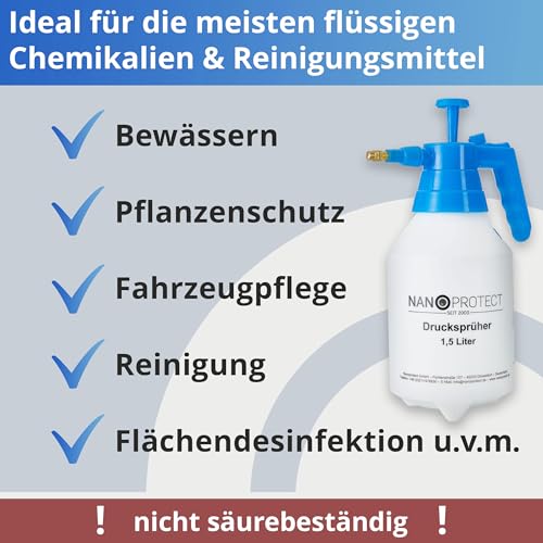 Nanoprotect Handsprüher 1,5 Liter | Drucksprüher mit Verstellbarer Messingdüse | Pumpsprüher | Gartenspritze