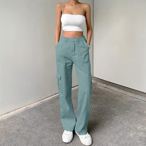 Image of Lepunuo Cargo Pants for Women High Waisted Casual Pants Baggy Stretchy Wide Leg Y2K Streetwear with 6 Pockets