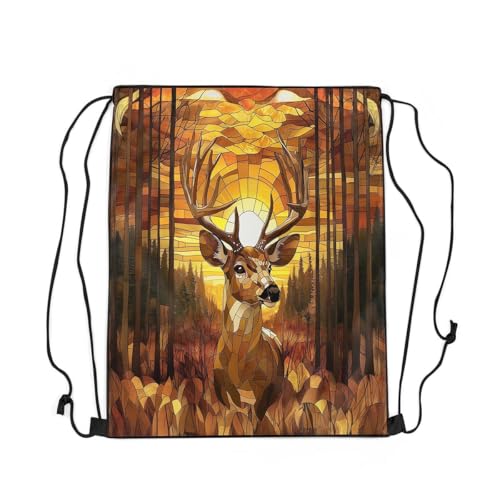 Manfei Deer Sports Backpack Baroque Style Drawstring Sackpack Wild Animal Sunset Drawstring Backpack for Women Gym Shopping Sport Yoga