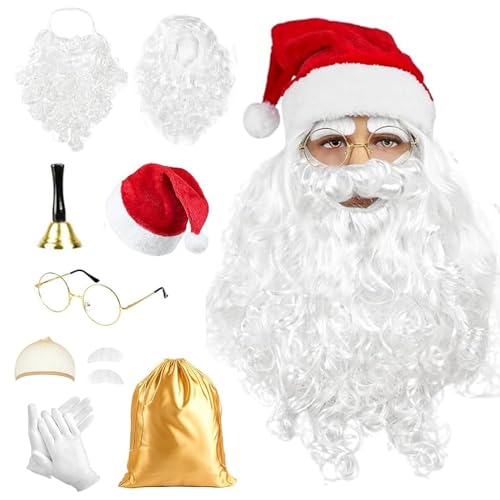 Perruque Père Noël avec barbe blanche, bonnet rouge et gants pour cosplay de fête