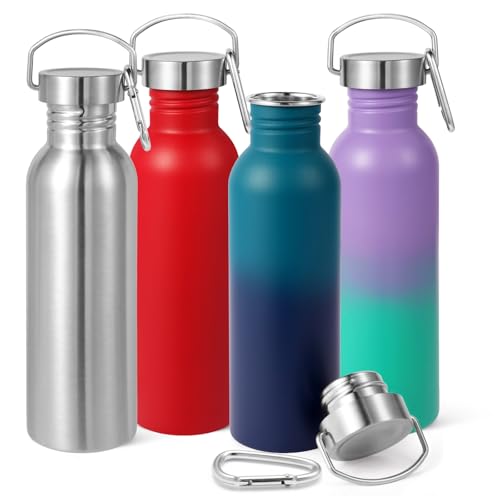 Volhoply 26oz Uninsulated Single Walled Water Bottles 4 Pack, Stainless Steel Reusable Water Bottle with Handle & Carabiner, BPA Free Wide Mouth Water Bottles for Gym Sports Camping（Mix Color,4）