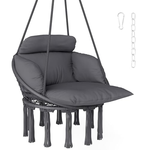 Outsunny Hammock Swing Chair, Outdoor Hanging Chair with Large Cushion, Cotton Rope Weaving Macrame Swing with Chain, 265 LBS Capacity for Indoor, Outdoor, Bedroom, Patio, Balcony, Dark Gray