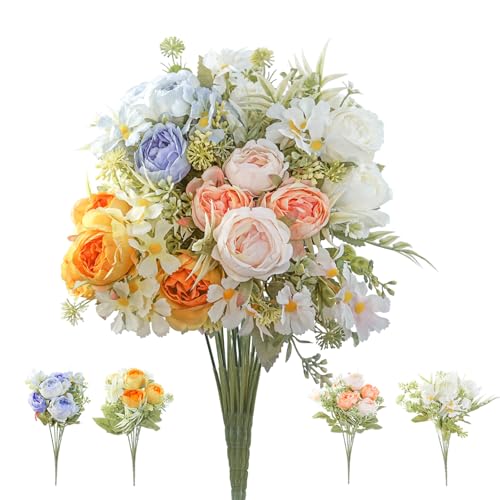 Hevysuo 4 pezzi Peonie Artificiali,Bouquet di Fiori Artificiali 32cm per Casa Matrimonio Compleanno Centrotavola Composizione,Blu/Rosa/Giallo/Bianco