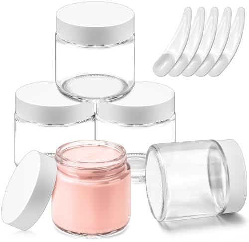 MotBach 5 Pack 4oz Glass Jars with Lids, 4ounce Small Glass Containers with White Lids and Inner Liners, 120ml Clear Round Jars Travel Toiletries with Spatula for Cosmetic Salve LipBalm Cream Lotion