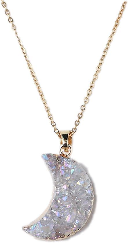 Natural Clear Quartz Crescent Moon Pendant – 0.98 Inches (25 mm) Electroplated Rainbow Aura Crystal Necklace with 18K White Gold Chain, Healing Energy Jewelry Gift