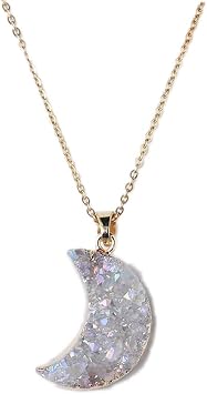 Natural Clear Quartz Crescent Moon Pendant 0.98 Inches 25 mm Electroplated Rainbow Aura Crystal Necklace with 18K White Gold Chain, Healing Energy Jewelry Gift