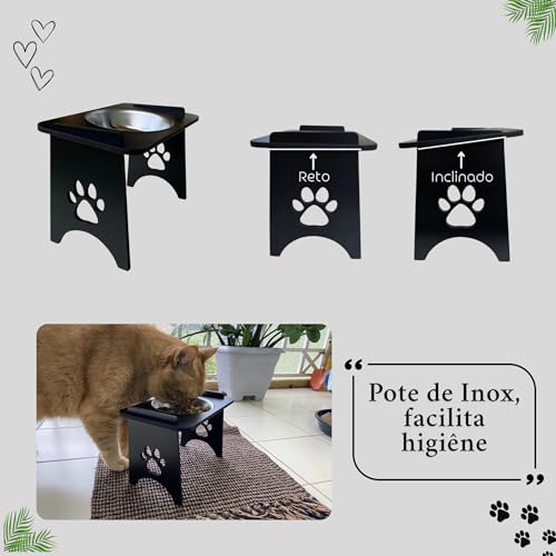 Kit 2 Comedouros Elevados para Gatos e Cães, Suporte Preto com Pote Inox Removível, Versátil com Pos