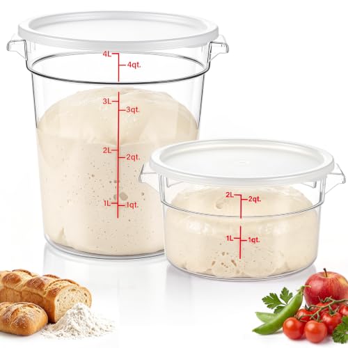 Image of Ziliny 2 Pcs 4 &2 Qt Dough Proofing Container with Lid and Red Scale, White | Clear Round Food Storage Container, Food Grade Plastic, Easy Viewing Design, Airtight Lid, Dough Fermentation Kitchen Storage