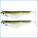 N°3 Black Minnow Fiiish Lures Combo BM120 - Señuelo Blando de Vinilo para Pesca Spinning de Bass Lubina y Otras Especies - 1 Cabeza + 2 Cuerpos + 1 Anzuelo Nº3 (Doble Combo - Shore - 12g - Kaki Rattle)
