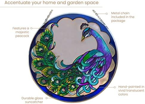 Bits and Pieces Peacock Art Glass Suncatcher - The majestic peacock is captured in an artistic suncatcher - A striking gift 25cm in diameter