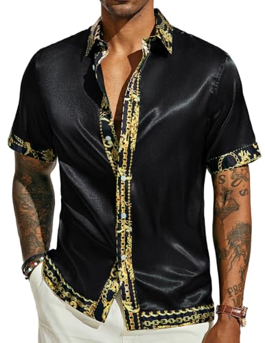 PJ PAUL JONES Mens Short Sleeve Button Down Shirts Casual Stretch Satin Silk Hawaiian Beach Shirt