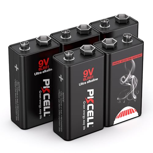 PKCELL batteria di blocco 9V 6LR61 batterie alcaline per rilevatore di Fumo, rilevatore, 5 pezzi