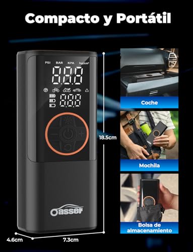 Miniatura 10 de Oasser Compresor Aire Portatil 6000mah 150psi Inflador Ruedas Coche Pequeño Pantalla Lcd Doble Visualización Cable Encendedor 3m Parada Automática Bolsa Almacenamiento Para Coche Moto Bicicleta Bola