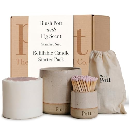 Image of Pott Candles Refillable Candle Starter Pack, Fig Scent, 60 Hour Burn Time, Standard Size, Ceramic Holder, Candle Refill, Match Pott, Natural Wax, UK Made
