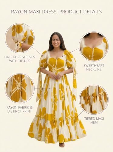 Image of Modestouze Attires Women's Floral Pattern Rayon Blend Maxi Dress with Sweetheart Neck Half Puff Sleeve Floor Length and Zipper Closure Type | Maxi Dress for Women Stylish | Dress for Women