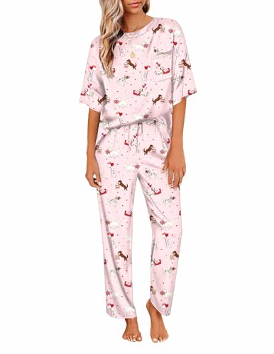Image of Ekouaer Womens Satin Silky Pajama Set Short Sleeve Shirt with Long Pajama Pant Set Soft PJ Loungewear