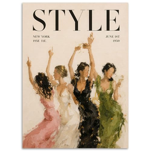 Fashion Style Canvas Wall Art, Trendy Party Women with Cocktail Dancing Poster, Chic New York Magazine Cover Print, Groovy Whiskey Girl Wall Decor for Bar Bart Pub Bedroom 12x16in Unframed