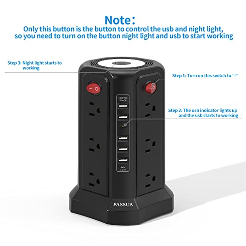Surge Protector Power Strip Tower With 5 Usb Ports And Night Light, 10Ft Extension Cord With 12 Ac Multiple Outlets, Passus Power Tower, Overload Protection For Home Office Dorm Room #TOP6