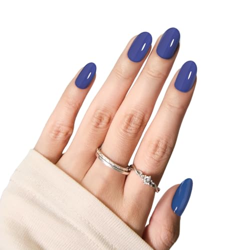 New Press On Nails,Medium Soft Gel Oval Fake Nail Kit With Nail Glue,30-Piece-15 Sizes Durable Reusable Press On Nails for Women Gift(classic blue)