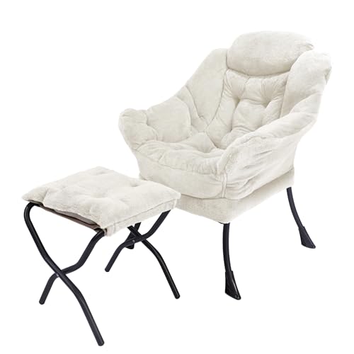 Kokel Lazy Chair with Folding Ottoman,Living Room Chairs, Accent Contemporary Lounge Chair, Single Steel Frame Leisure Sofa Chair with Armrests and A Side Pocket (TM3WHITE) by Kokel - Used condition - US$100.62