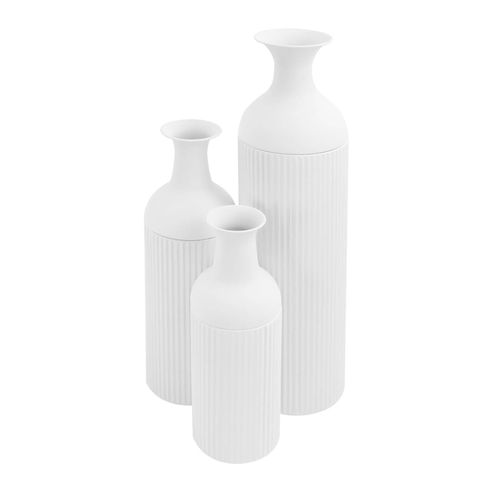 3er Set Bodenvase Groß Vasen, Metal Boden Tischplatte Blumenvasen, Moderne Deko für Wohnzimmer, Tisch, Regal, Kaminsims, Eingangs zum Pampasgras & Trockenblumen (Groß+Medium+Klein, Weiß)