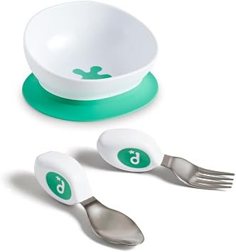 doddl Toddler Utensils, Ergonomic Fork and Spoon Set for Self Feeding, Stainless Steel Silverware for 1-3 Year Olds, BPA Free, Dishwasher Safe Aqua + Bowl