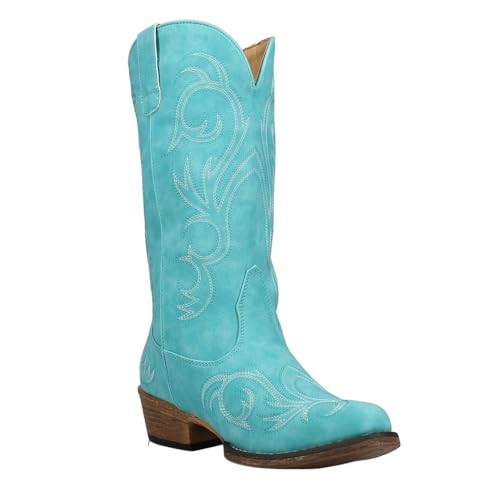 ROPER Womens Riley Embroidered Snip Toe Casual Boots Mid Calf Low Heel 1-2" - Blue - Size 9.5 M