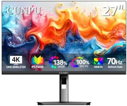 CUNPU 27 Inch 4K 70Hz Monitor, UHD (3840 * 2160) IPS Ultra-Slim Bezel Monitor for Photo Video Editing, ΔE < 2, 100% DCI-P3, 1.07B+ Colors, PIP-PBP, Adaptive Sync, DP/HDMI, Black