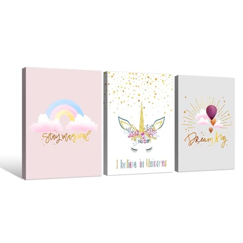 Colorful Unicorn Wall Art for Girls Bedroom Pink Unicorn Poster Pictures 3 pcs Motivational Rainbow Hot Air Balloon Cartoon Unicorns Paintings for Teen Girl Women Nursery Bathroom Decor 16"x24"